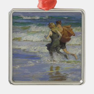Ornement Carré Argenté Enfants à la plage (par Edward Henry Potthast)