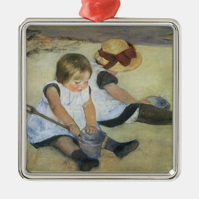 Ornement Carré Argenté Enfants jouant sur la plage par Mary Cassatt (Devant)