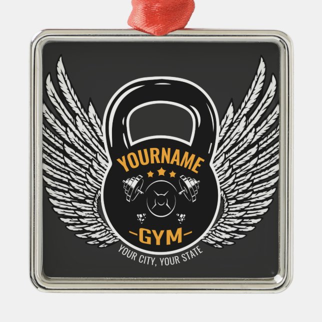 Ornement Carré Argenté Entraîneur de fitness GYM personnalisé Kettlebell (Devant)