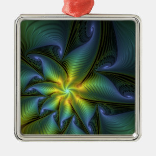 Ornement Carré Argenté Etoile Abstraite, Bleu brillant Vert Or Fractal Ar