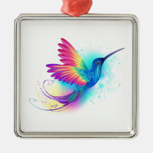 Ornement Carré Argenté Exotic Rainbow Hummingbird