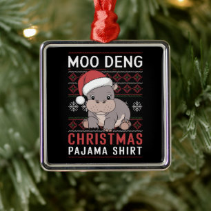 Ornement Carré Argenté Famille de jumelage de pyjama de Noël Moo Deng