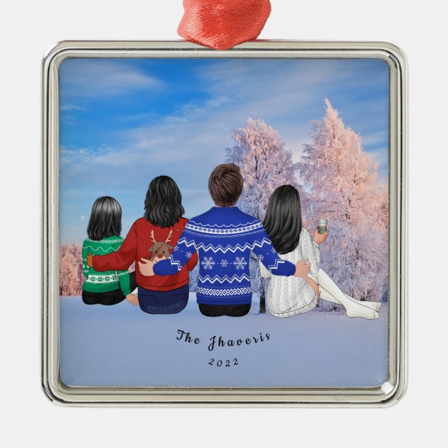 Ornement Carré Argenté Famille de Noël personnalisée Maman Papa Filles (Devant)