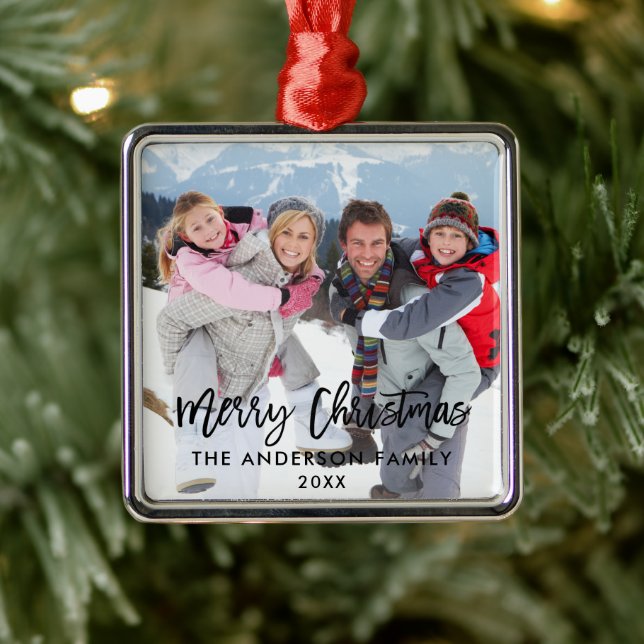 Ornement Carré Argenté Famille de polices Brush Script Photo Joyeux Noël  (Arbre)