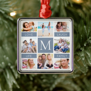 Ornement Carré Argenté Famille Monogramme Photo Collage Dusty Blue