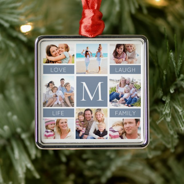 Ornement Carré Argenté Famille Monogramme Photo Collage Dusty Blue (Arbre)