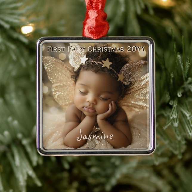 Ornement Carré Argenté Fée de Noël pour bébé personnalisée (Arbre)