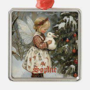 Ornement Carré Argenté Fée de Noël Vintage personnalisée avec lapin