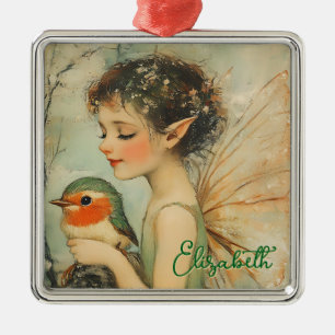 Ornement Carré Argenté Fée de Noël Vintage personnalisée avec Robin