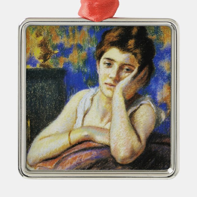 Ornement Carré Argenté Femme penchée sur une chaise (Devant)
