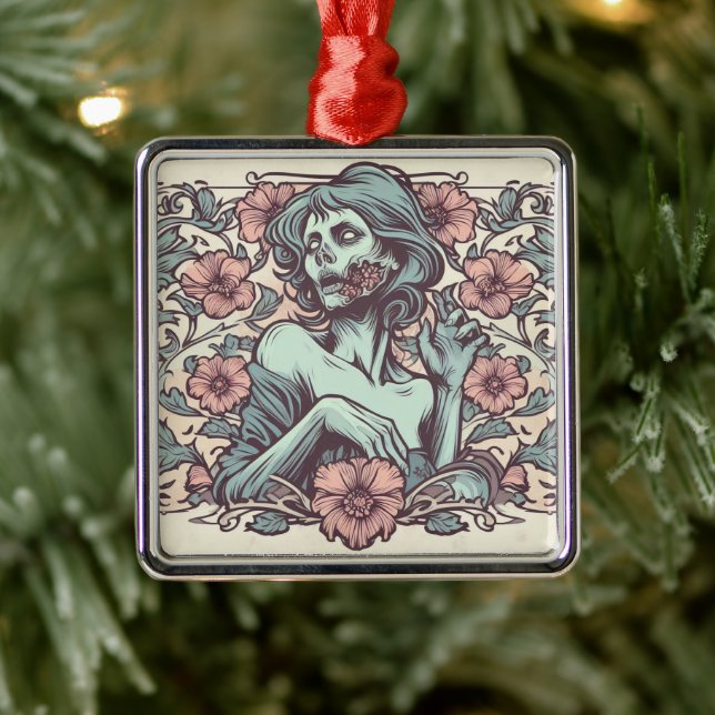 Ornement Carré Argenté Femme Zombie Art Nouveau avec Fleurs Jolie (Arbre)