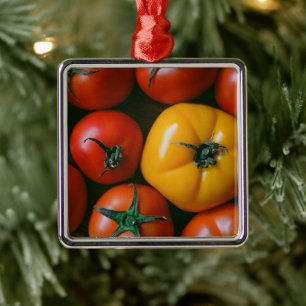 Ornement Carré Argenté Fermes   Tomates rouges et jaunes brillantes