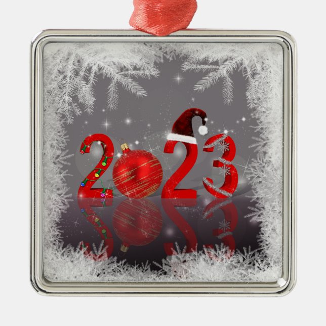 Ornement Carré Argenté Festive Red Joyeux Noël Nouvel An 2023 (Devant)
