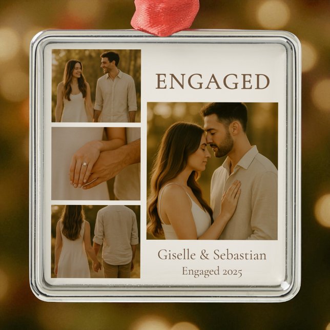 Ornement Carré Argenté Fiançailles photo romantique engagé Noël (Créateur téléchargé)