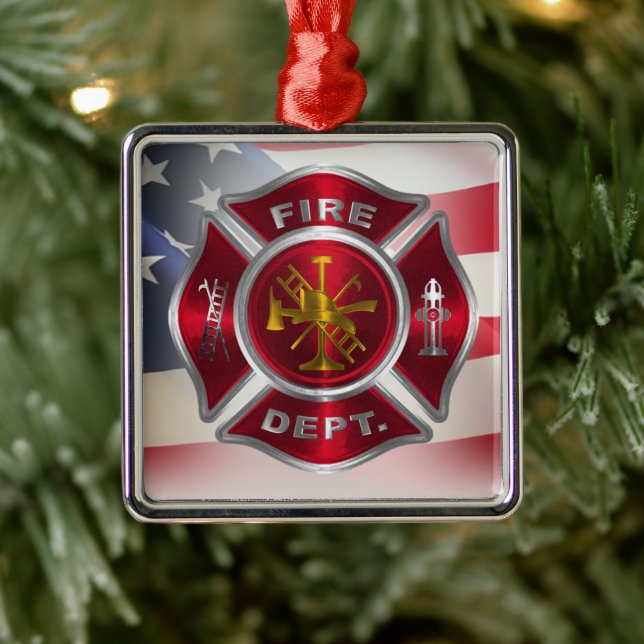 Ornement Carré Argenté Fier Noël des pompiers américains (Arbre)