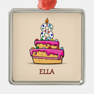Ornement Carré Argenté Fille 8e anniversaire, 8 sur Gâteau rose doux