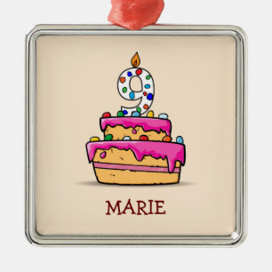 Ornement Carré Argenté Fille 9e anniversaire, 9 sur Gâteau rose doux