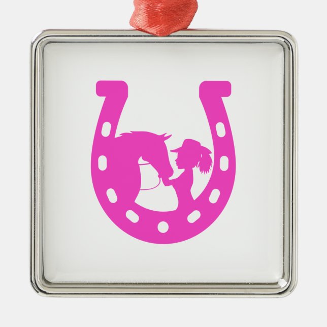 Ornement Carré Argenté Fille avec cheval et Casquette occidental Hot rose (Devant)