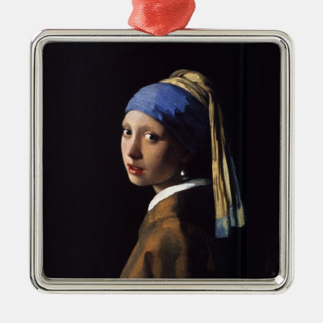 Ornement Carré Argenté Fille avec une perle à oreille peinture (Devant)