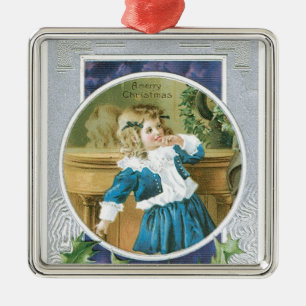 Ornement Carré Argenté Fille de "Joyeux Noël" en bleu