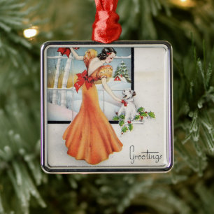 Ornement Carré Argenté Fille De Noël Vintage Par Une Fenêtre Avec Son Chi