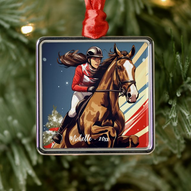 Ornement Carré Argenté Fille personnalisée et Cheval Jumping Noël (Arbre)