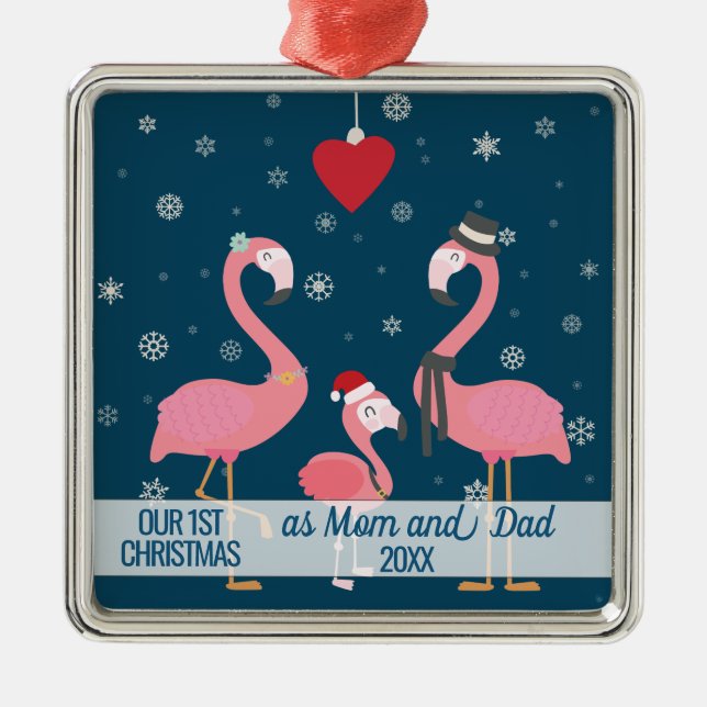 Ornement Carré Argenté first Christmas as Mom and Dad flamingo snowflakes (Devant)