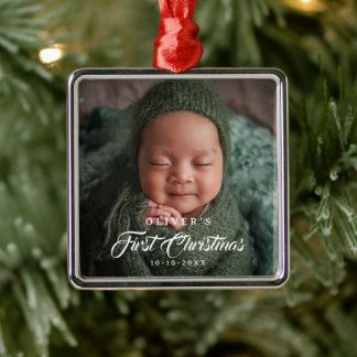 Ornement Carré Argenté First Christmas Editable Color Newborn Baby Photo