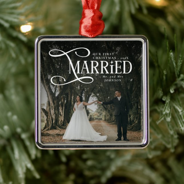 Ornement Carré Argenté First Christmas Married Mr & Mrs Couples Photo  (Arbre)