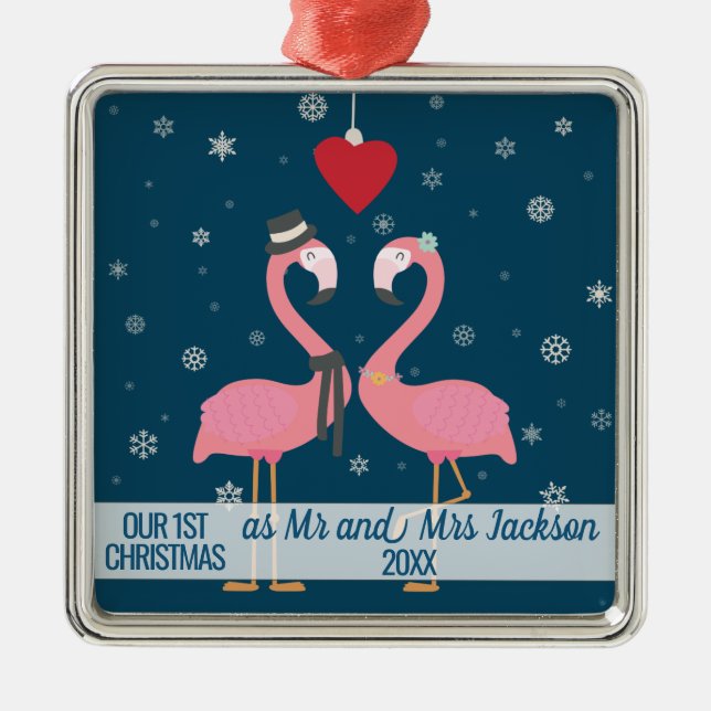 Ornement Carré Argenté First married christmas flamingoes (Devant)