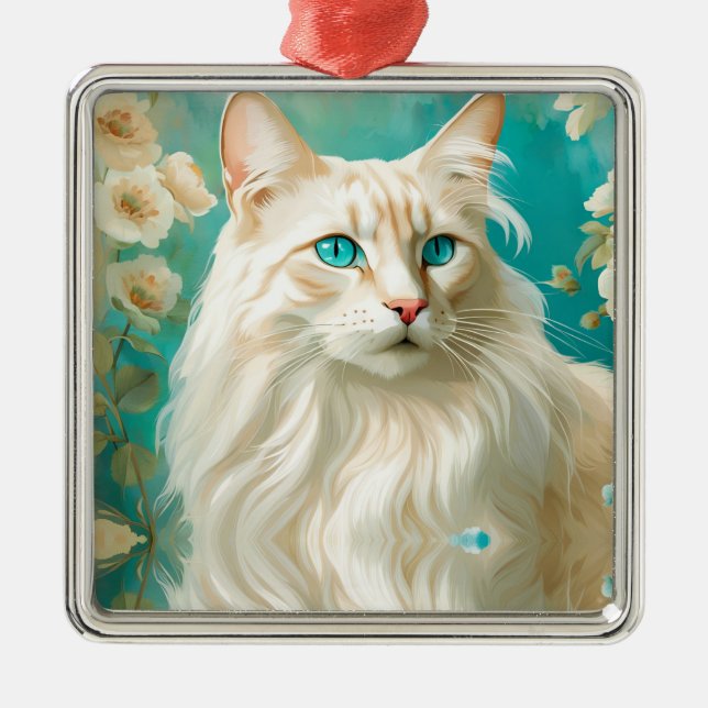 Ornement Carré Argenté Flamme Lynx Point Siamese Portrait Art (Devant)