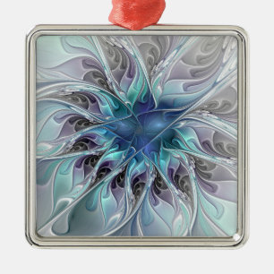 Ornement Carré Argenté Fleur Abstraite Fractale Moderne Avec Bleu
