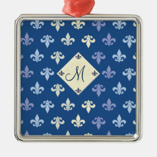 Ornement Carré Argenté Fleur de Lis avec carré monogramme