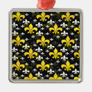 Ornement Carré Argenté Fleur De Lis Blanc Jaune