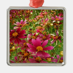 Ornement Carré Argenté Fleurs de marguerite rose et jaune brillantes