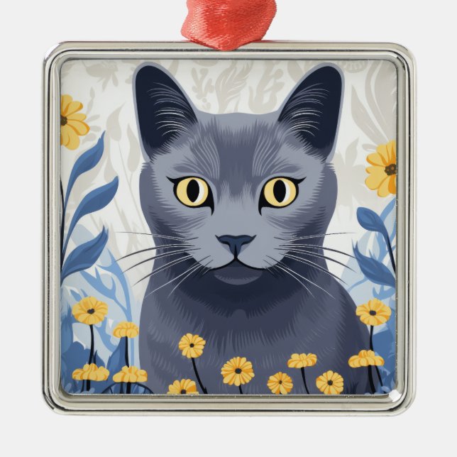 Ornement Carré Argenté Fleurs Jaunes Chat Bleu Russe (Devant)