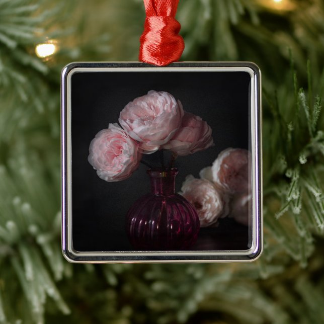 Ornement Carré Argenté Fleurs | Pale Pink Peonies dans Vase (Arbre)