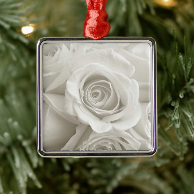 Ornement Carré Argenté Fleurs | Roses blanches (Arbre)