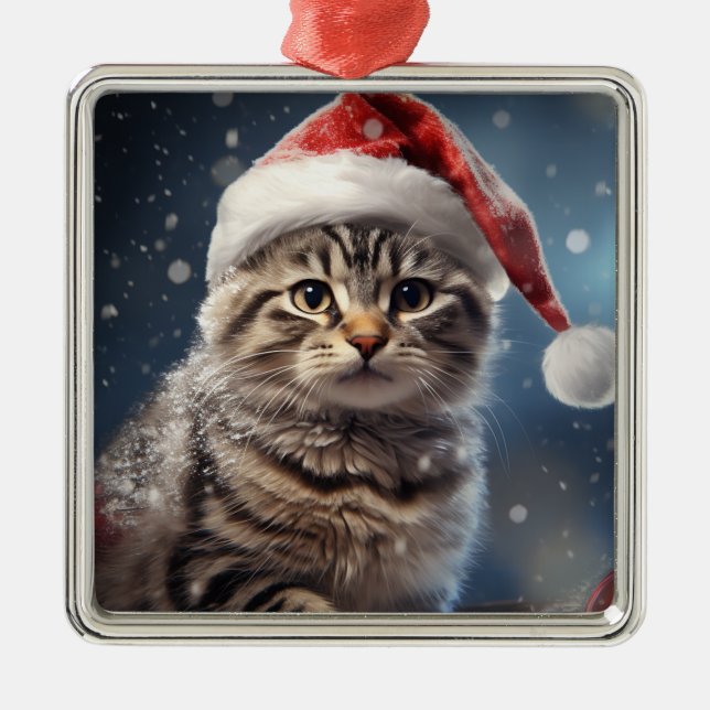 ORNEMENT CARRÉ ARGENTÉ FLUFFY VACANCES NOËL BROWN TABBY CUISINE (Devant)