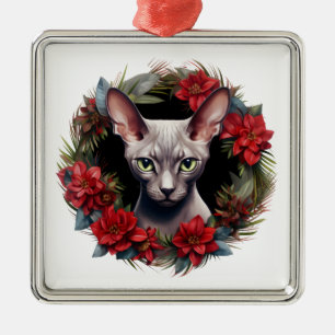 ORNEMENT CARRÉ ARGENTÉ FLUFY WATERCOLOR VACANCES NOËL CHAT SANS CHEVEUX