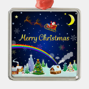 Ornement Carré Argenté Flying Santa Claus with Crescent Moon