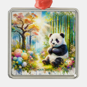 Ornement Carré Argenté Forêt de bambou de Panda mignonne Imaginaire