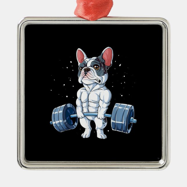 Ornement Carré Argenté French Bulldog Poids Funny Deadlift Gym (Devant)