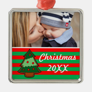 Ornement Carré Argenté Funky Christmas Tree and Stripes Photo personnalis