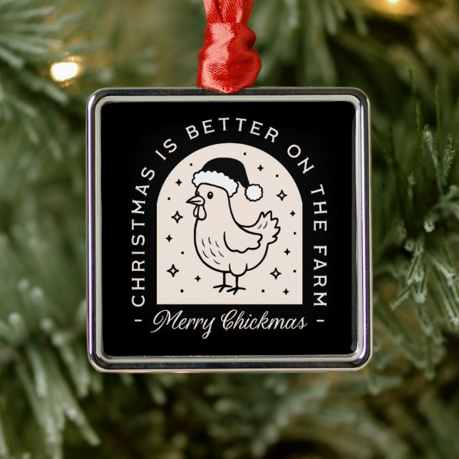 Ornement Carré Argenté Funny chicken Christmas farm puns whimsical black (Arbre)