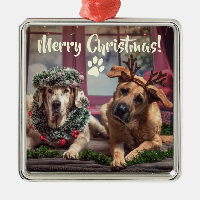 Ornement Carré Argenté Funny Photo Dogs in Christmas Antlers and Headwear (Devant)