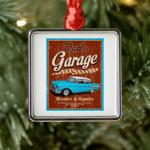 Ornement Carré Argenté Garage bleu personnalisé de papa