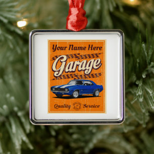 Ornement Carré Argenté Garage de voiture de Muscle bleu personnalisé