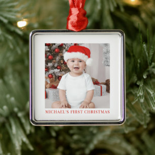 Ornement Carré Argenté Garde photo Baby First Christmas