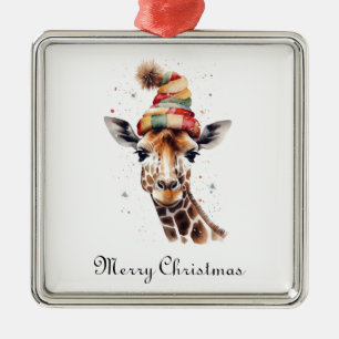 Ornement Carré Argenté Giraffe de Noël, personnalisable